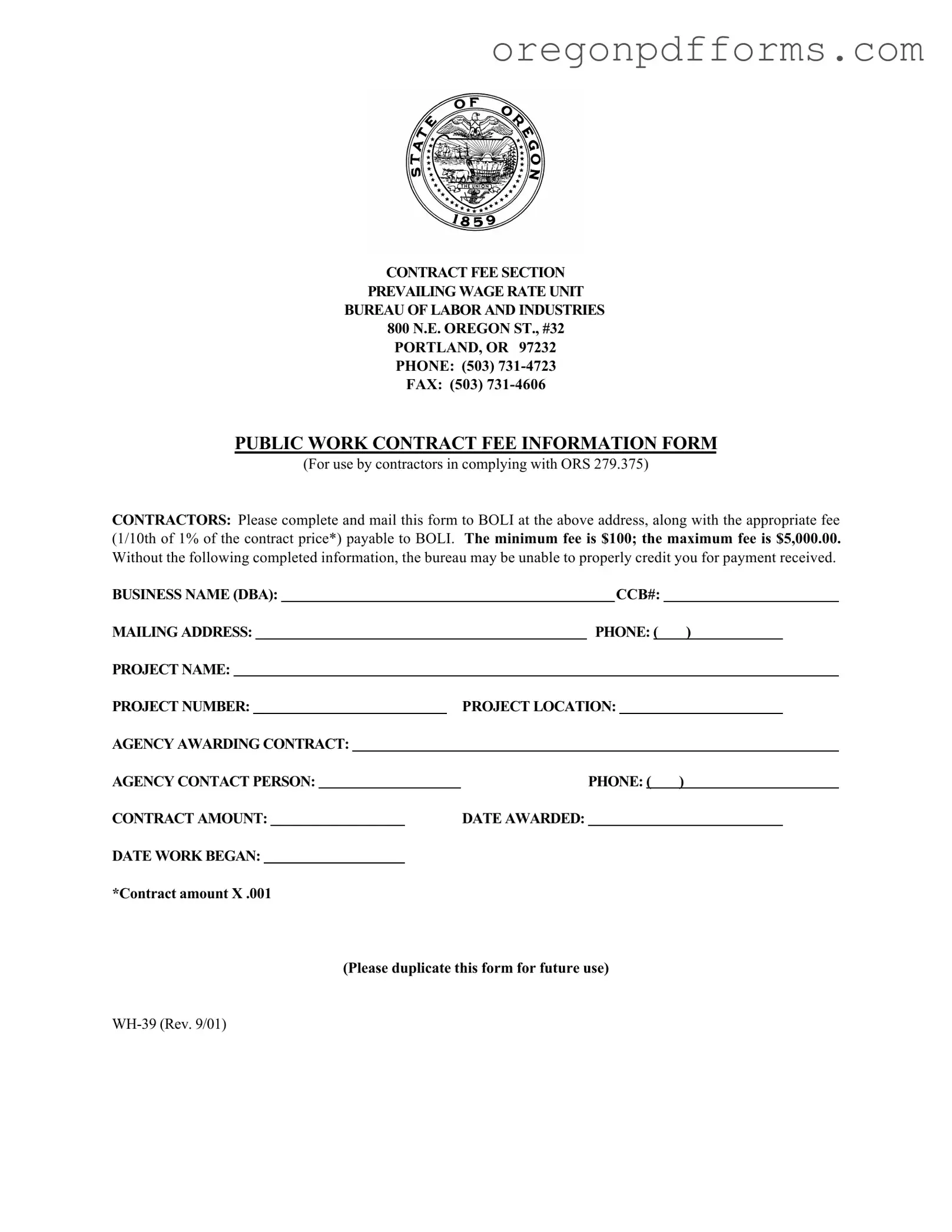Free Oregon Wh 39 Form