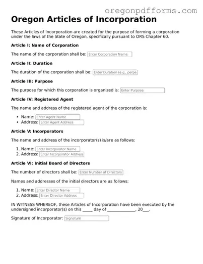 Valid  Articles of Incorporation Document for Oregon