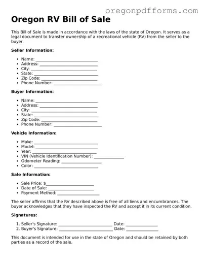 Valid  RV Bill of Sale Document for Oregon