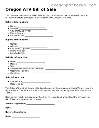 Valid  ATV Bill of Sale Document for Oregon