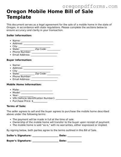 Valid  Mobile Home Bill of Sale Document for Oregon