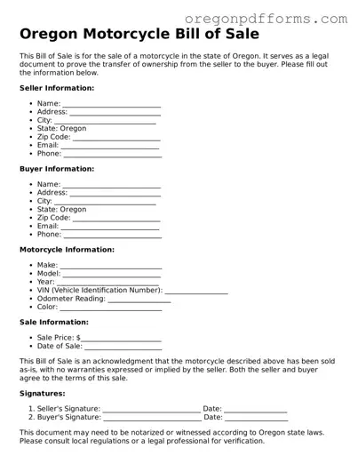 Valid  Motorcycle Bill of Sale Document for Oregon