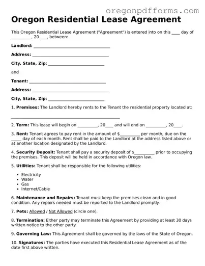 Valid  Residential Lease Agreement Document for Oregon