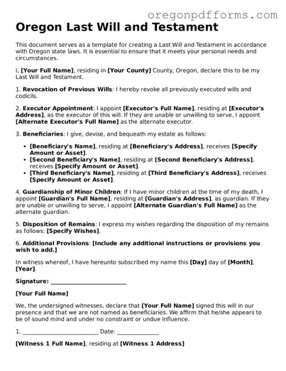 Valid  Last Will and Testament Document for Oregon