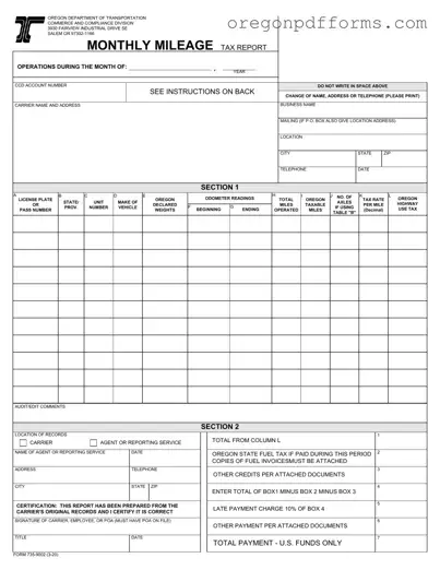 Free Oregon Monthly Mileage Tax Form