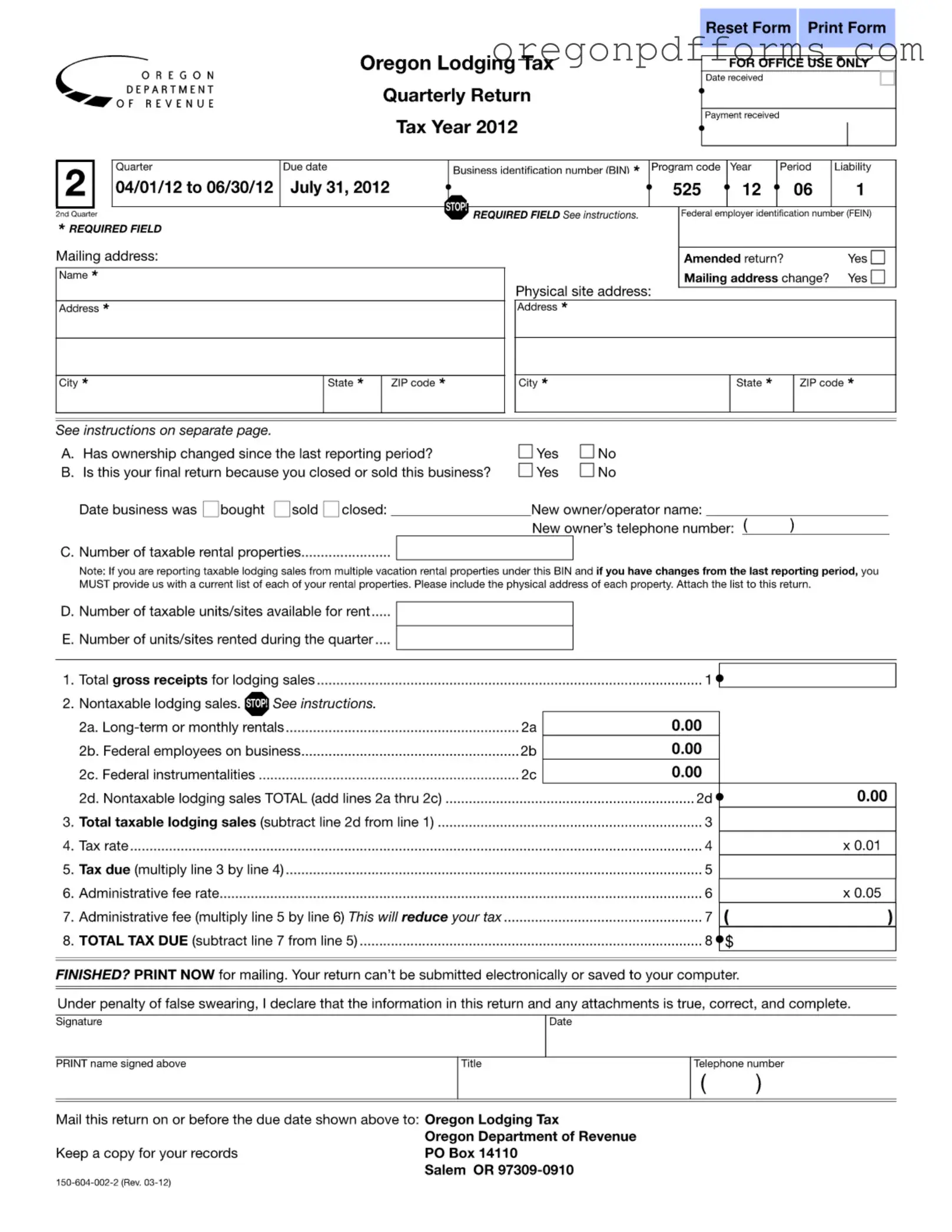 Free State Of Oregon Lodging Tax Form